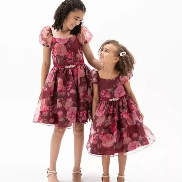 Rare Editions Big Girls Floral Organza Puff Sleeve Dress